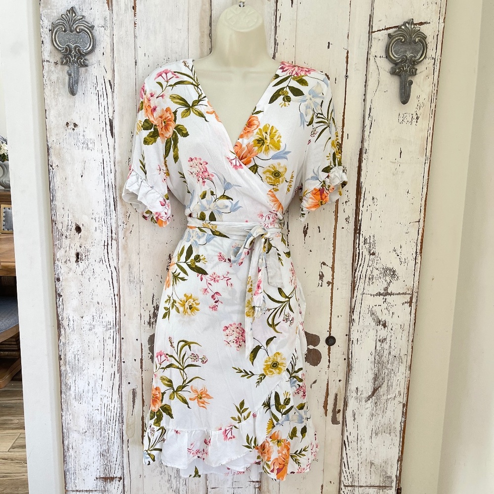 Loft Size 14 Woman's White Pink Orange Green Blue Floral Ruffle Wrap Dress